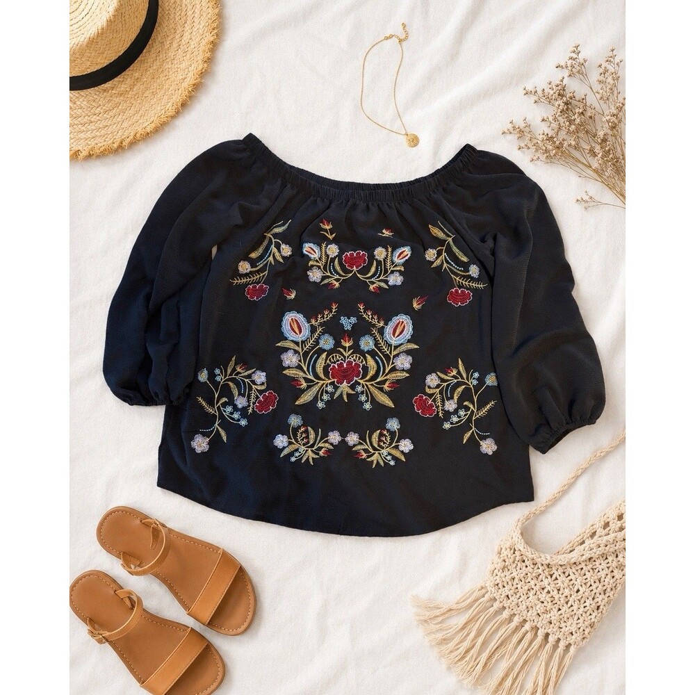 Unbranded Black Floral Embroidered Off Shoulder Peasant Blouse Women's M Boho